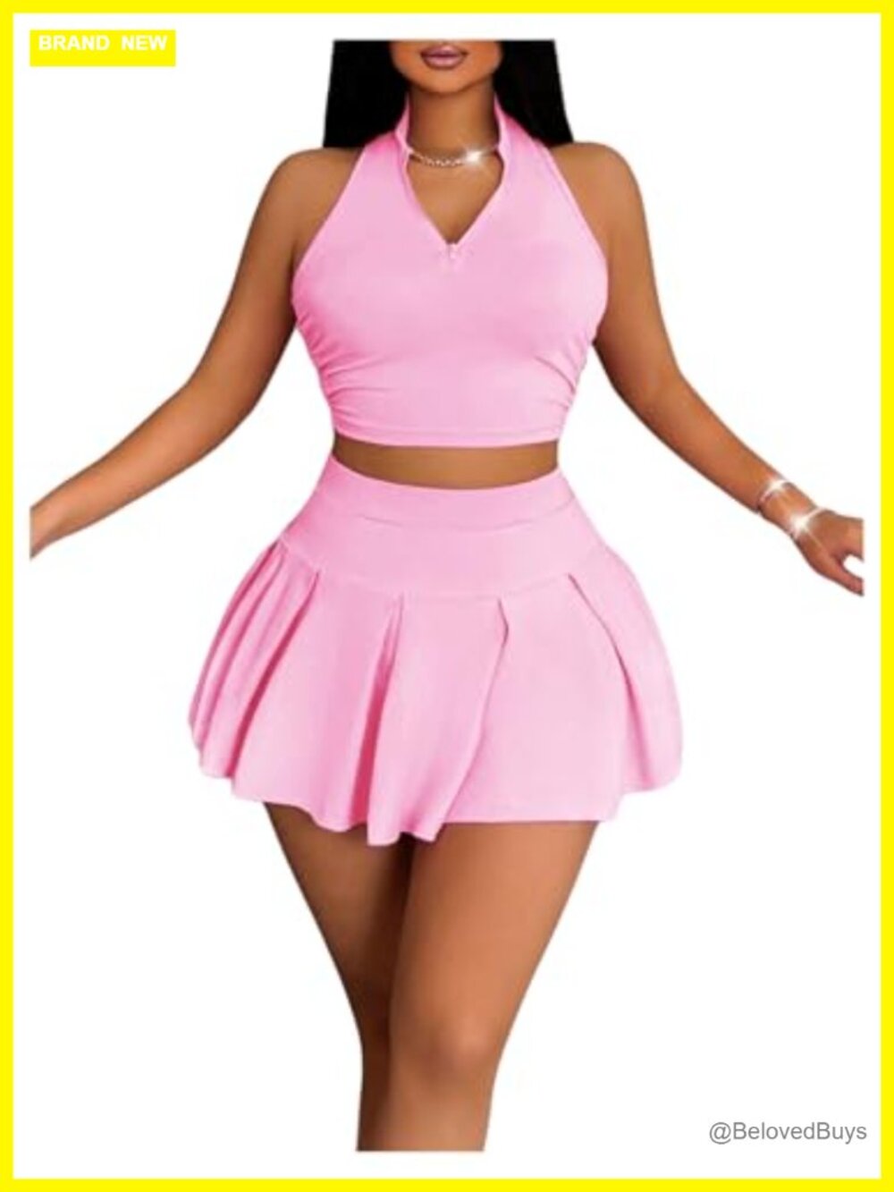 2 Piece Pleated Mini Tennis Skirt Set Sleeveless Half Zip Tank Top